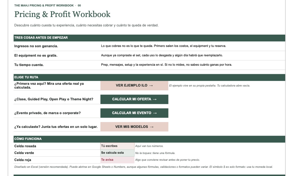 Pantalla de inicio del Mahj Pricing & Profit Workbook